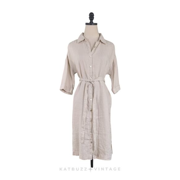 Tahari Linen Shirt Dress S Beige Tan Neutral Beachy Summer Capsule Classic Work - Picture 1 of 8